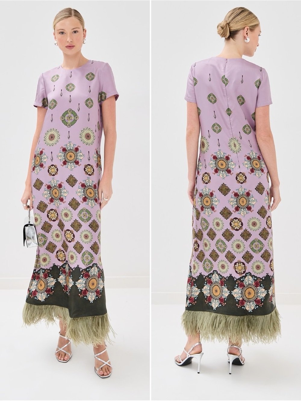 La DoubleJ Feather Swing Dress Purple Print Feather Trim Maxi Dress Size M New